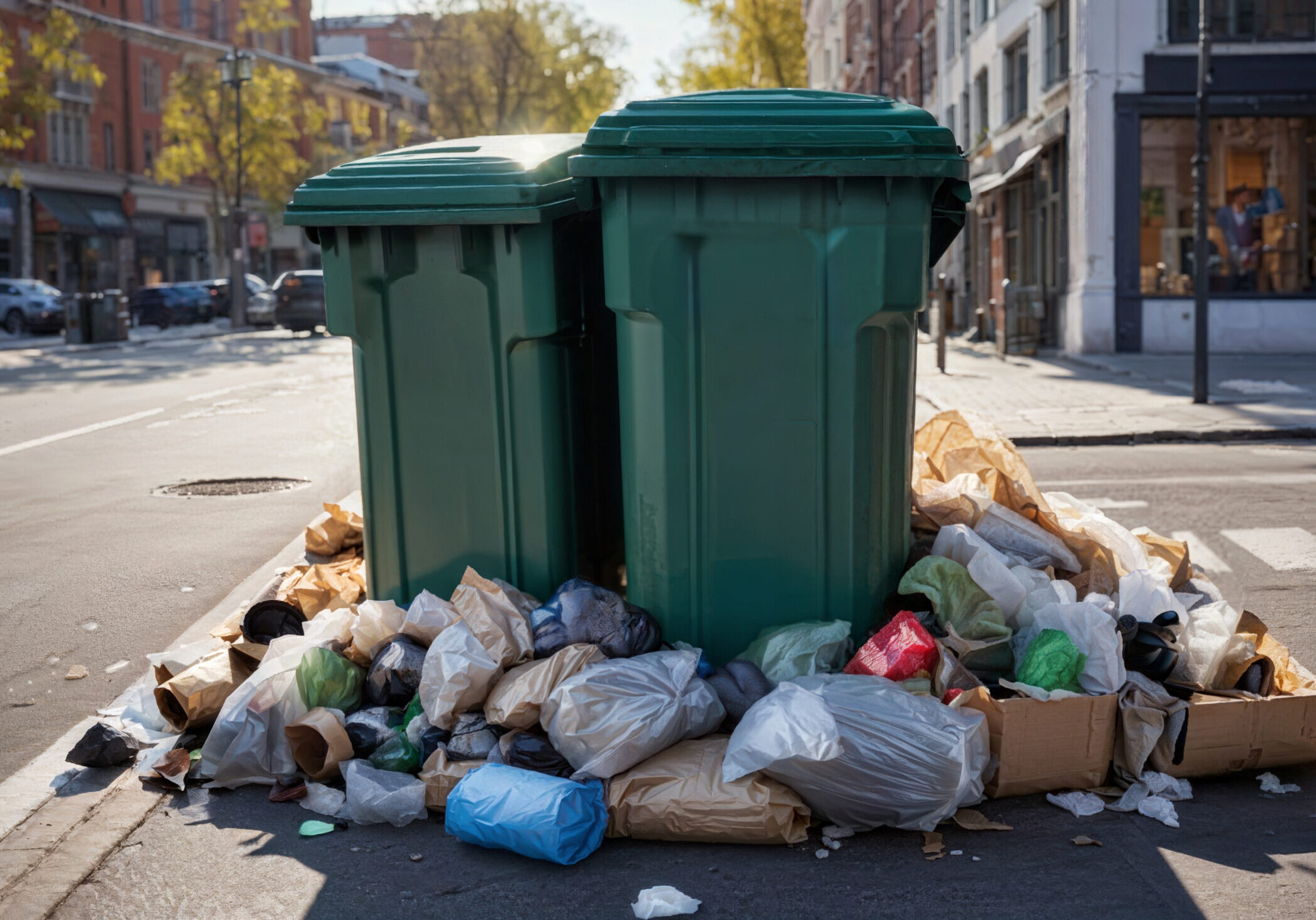 Public trash cans that are overflowing with garbage